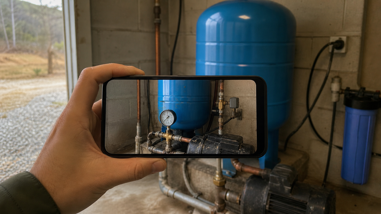 A smartphone photographing a pressure tank and gauge in a well house