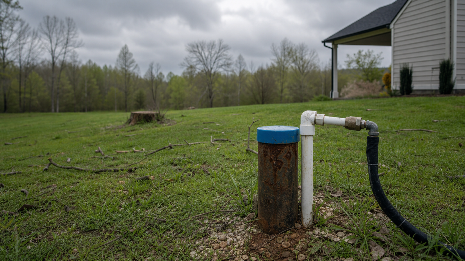 A rural well head and yard after a storm with scattered branches and gray sky