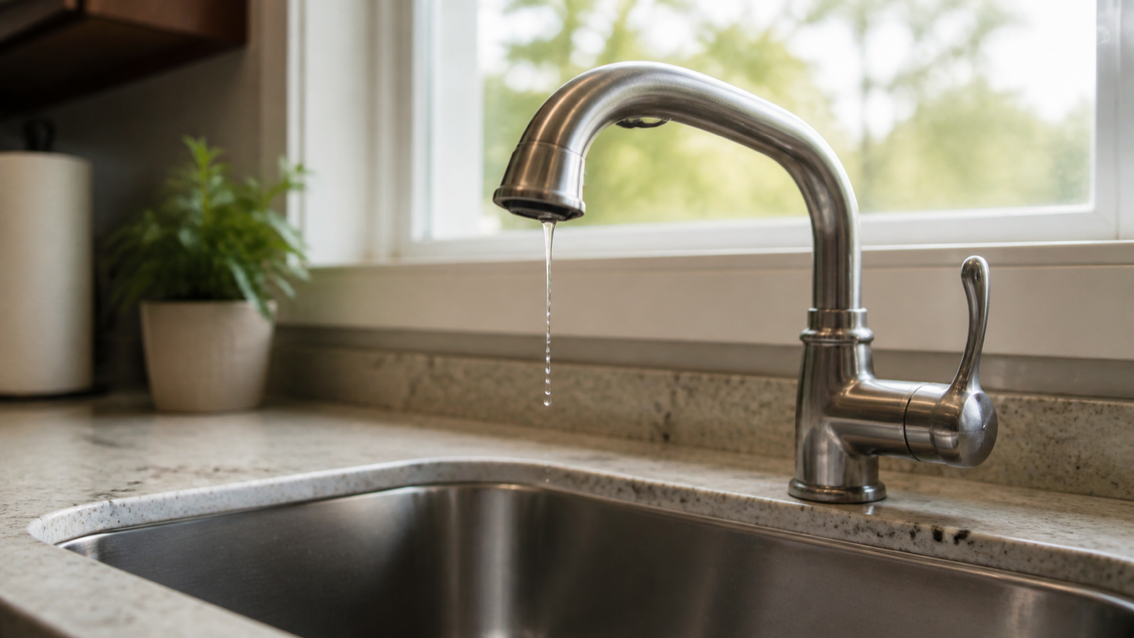 A dry kitchen faucet with no water flowing over a sink