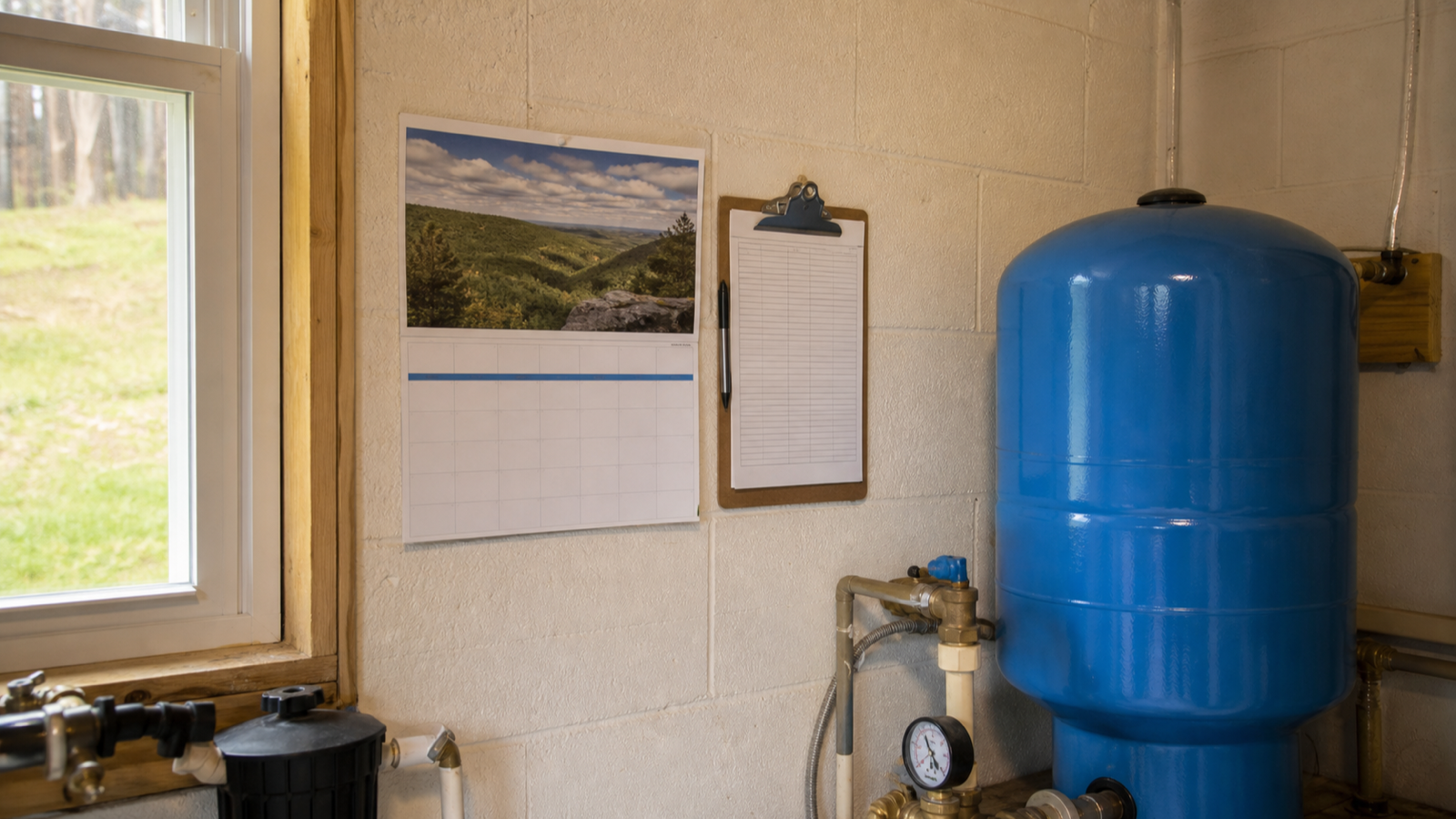 A wall calendar and log sheet near a pressure tank in a utility space