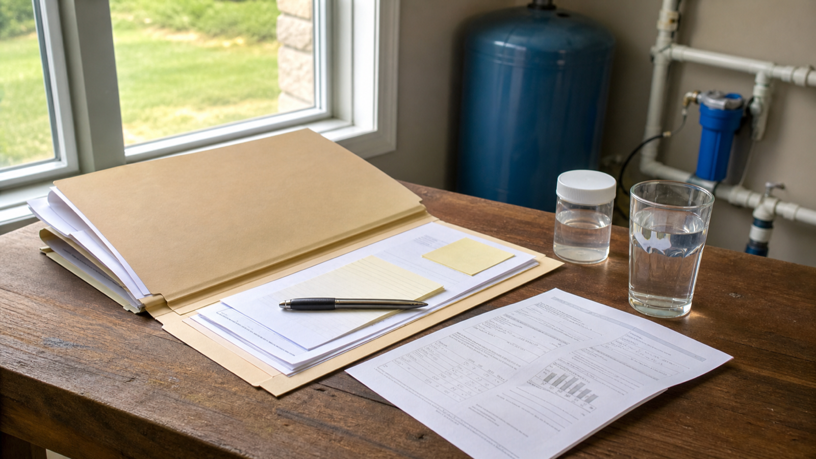 An organized folder of well documents and a water test report on a desk
