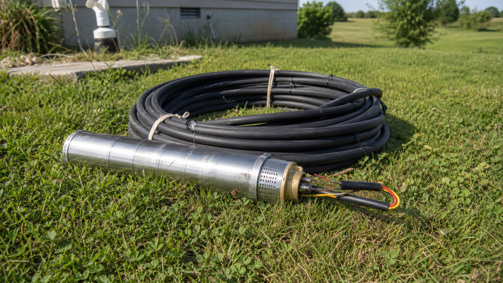 A submersible well pump lying on the ground beside coiled drop pipe