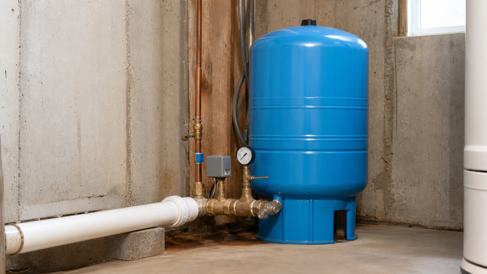 A pressure tank and gauge beside well equipment in a basement utility area