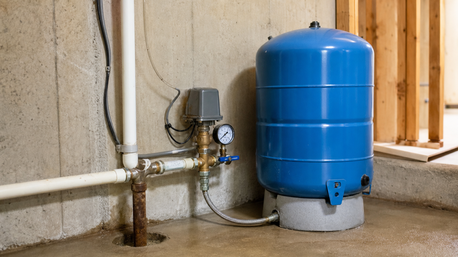 A basement utility area with a well pressure tank, switch, and gauge along a wall