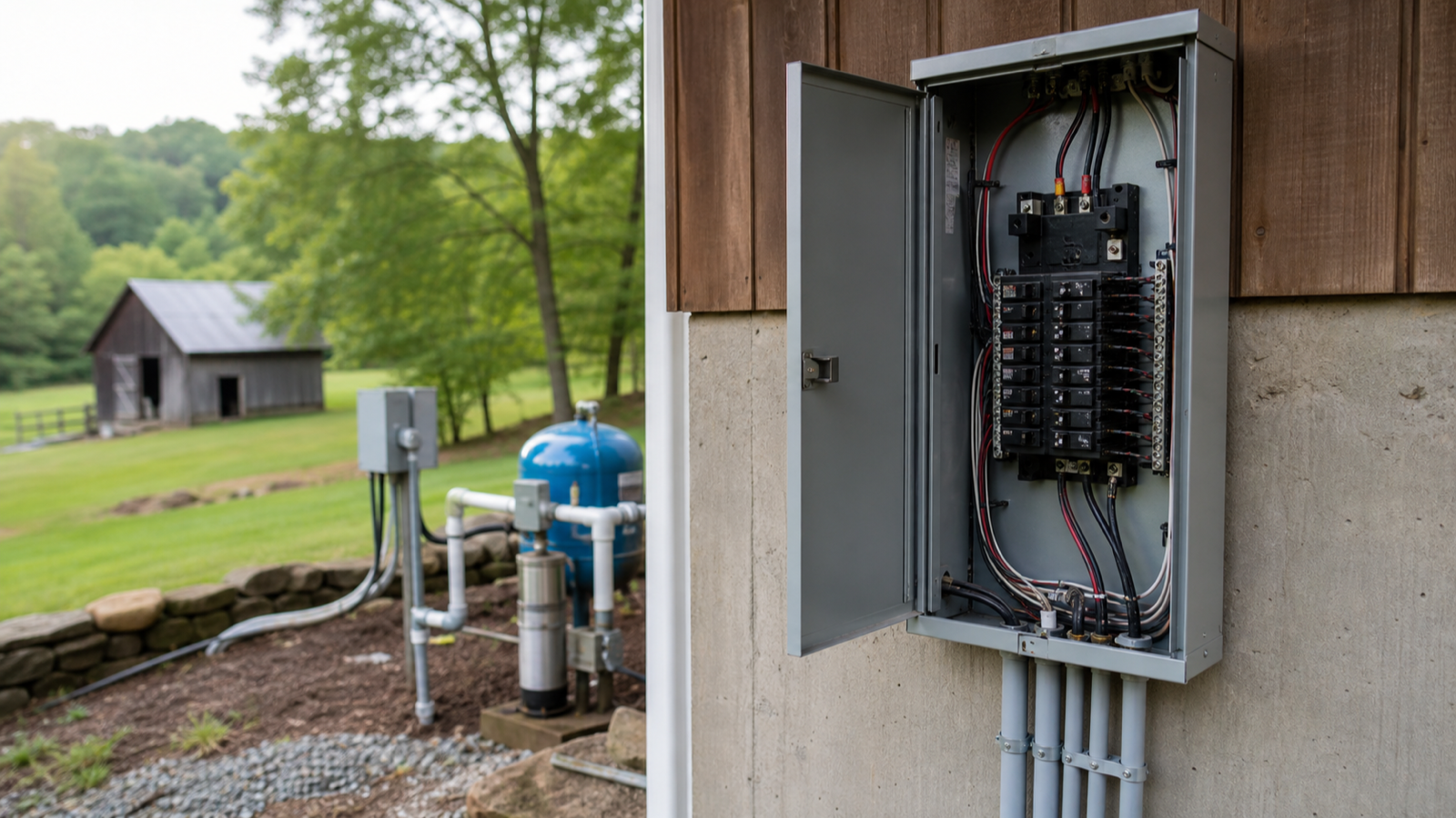 Electrical panel with a well pump circuit breaker, to be evaluated by a professional