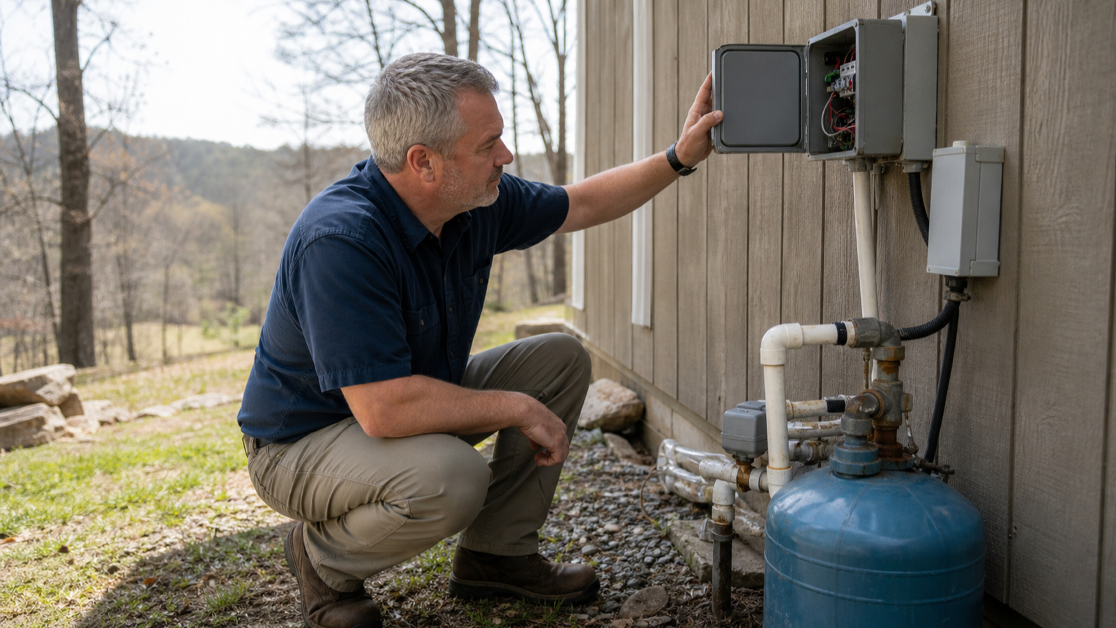 Well pump pressure switch and electrical controls being evaluated by a technician