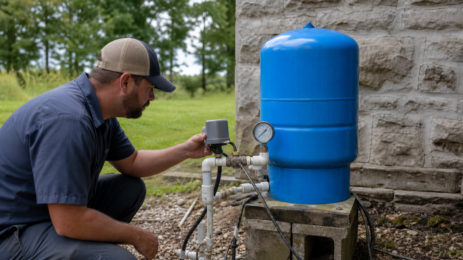 Well pressure tank and switch being checked on a pump that runs continuously
