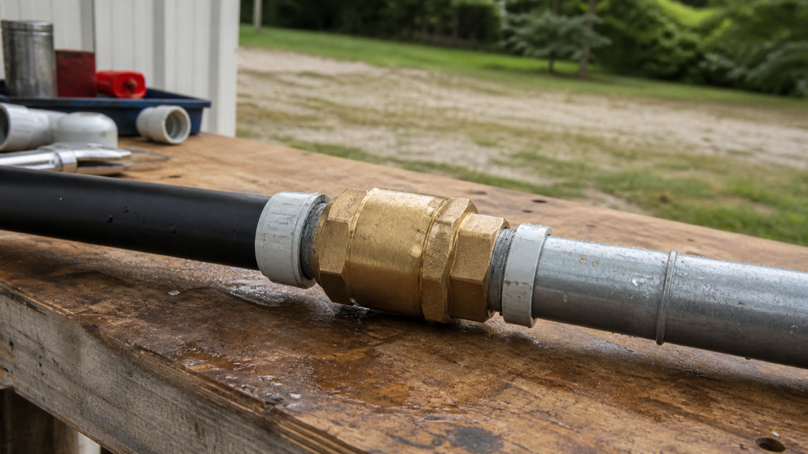 A brass check valve fitting used in a well water line