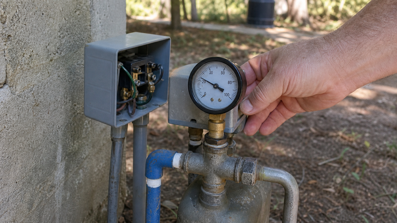 Homeowner checking a well-system pressure gauge after water suddenly stopped