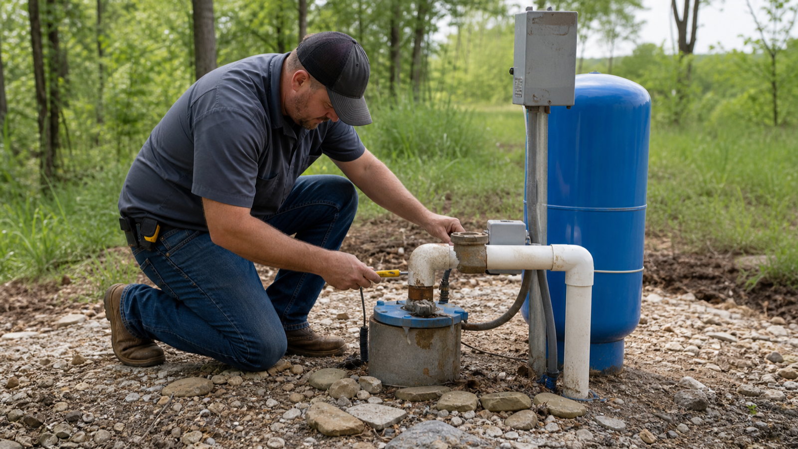 Well system being diagnosed during an emergency no-water service call