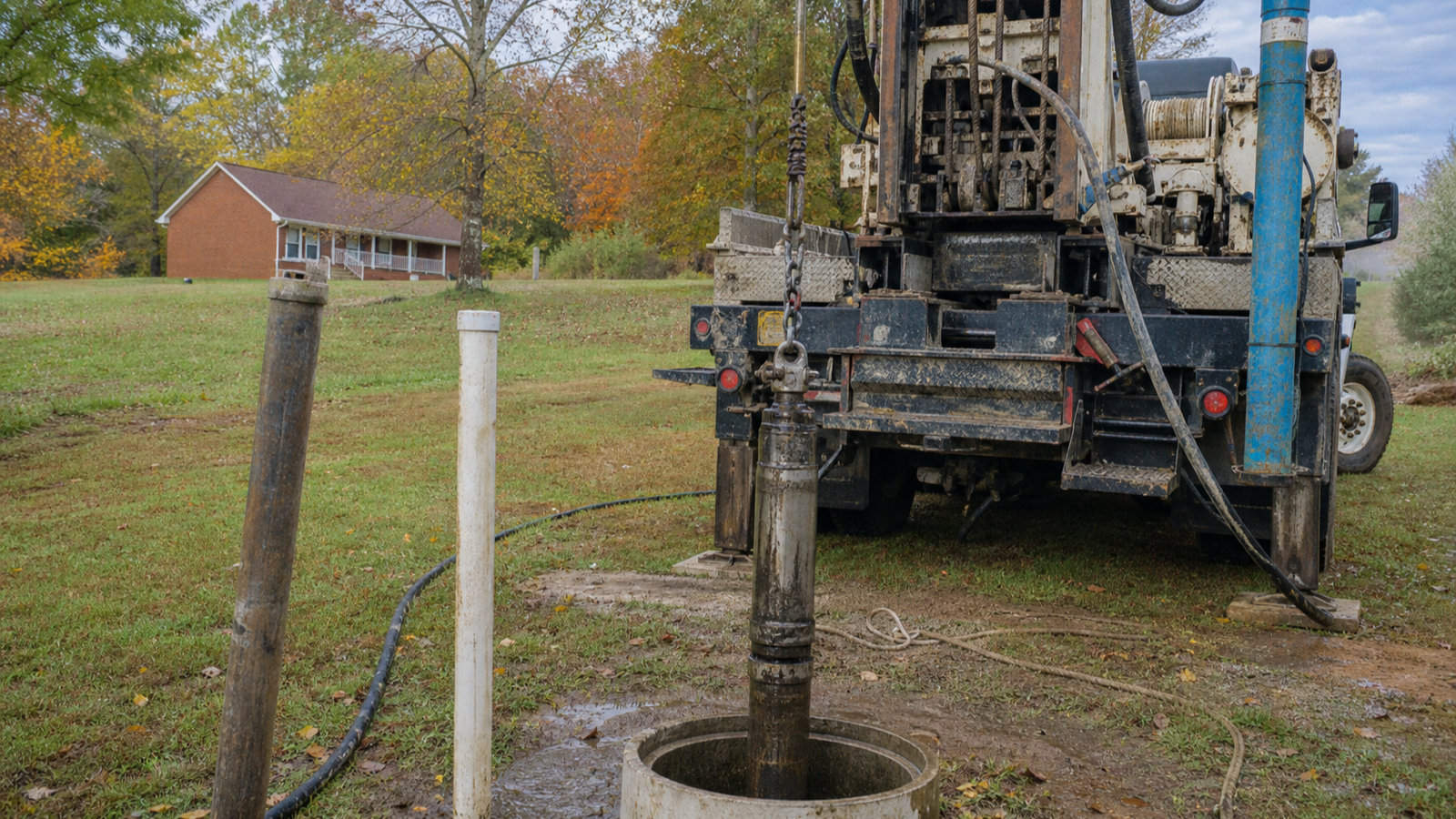 Crew pulling drop pipe and a submersible pump from a deep residential well