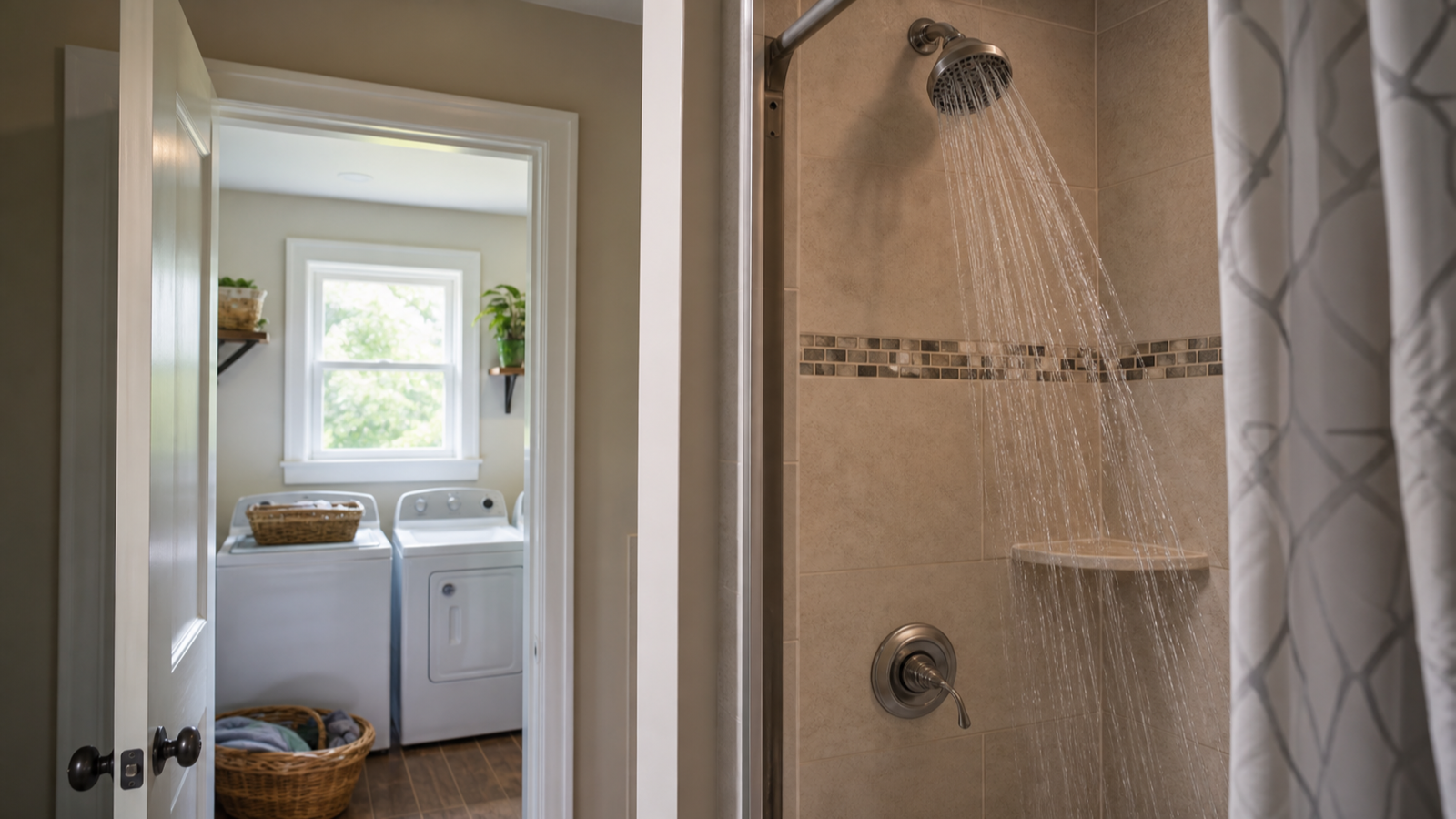 A shower running at the same time as a washing machine fills in an adjacent room
