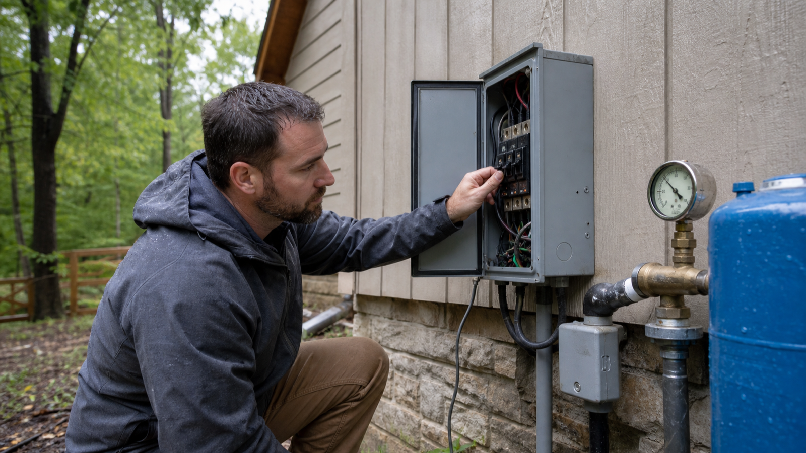 Well pressure gauge and breaker being checked after a power outage