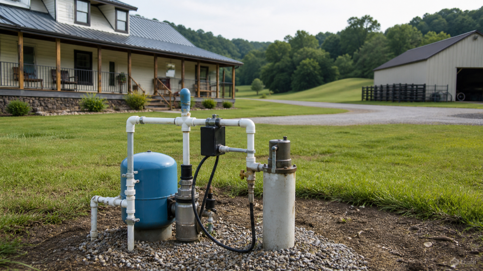 Private well system serving a rural Tennessee home, outbuilding and surrounding acreage