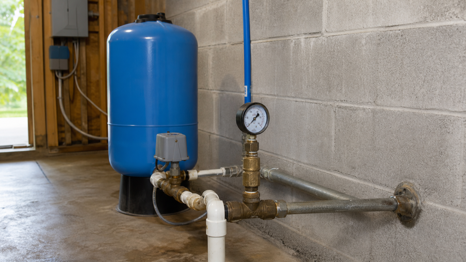 Residential pressure tank, pressure gauge and well-system piping in a clean utility area