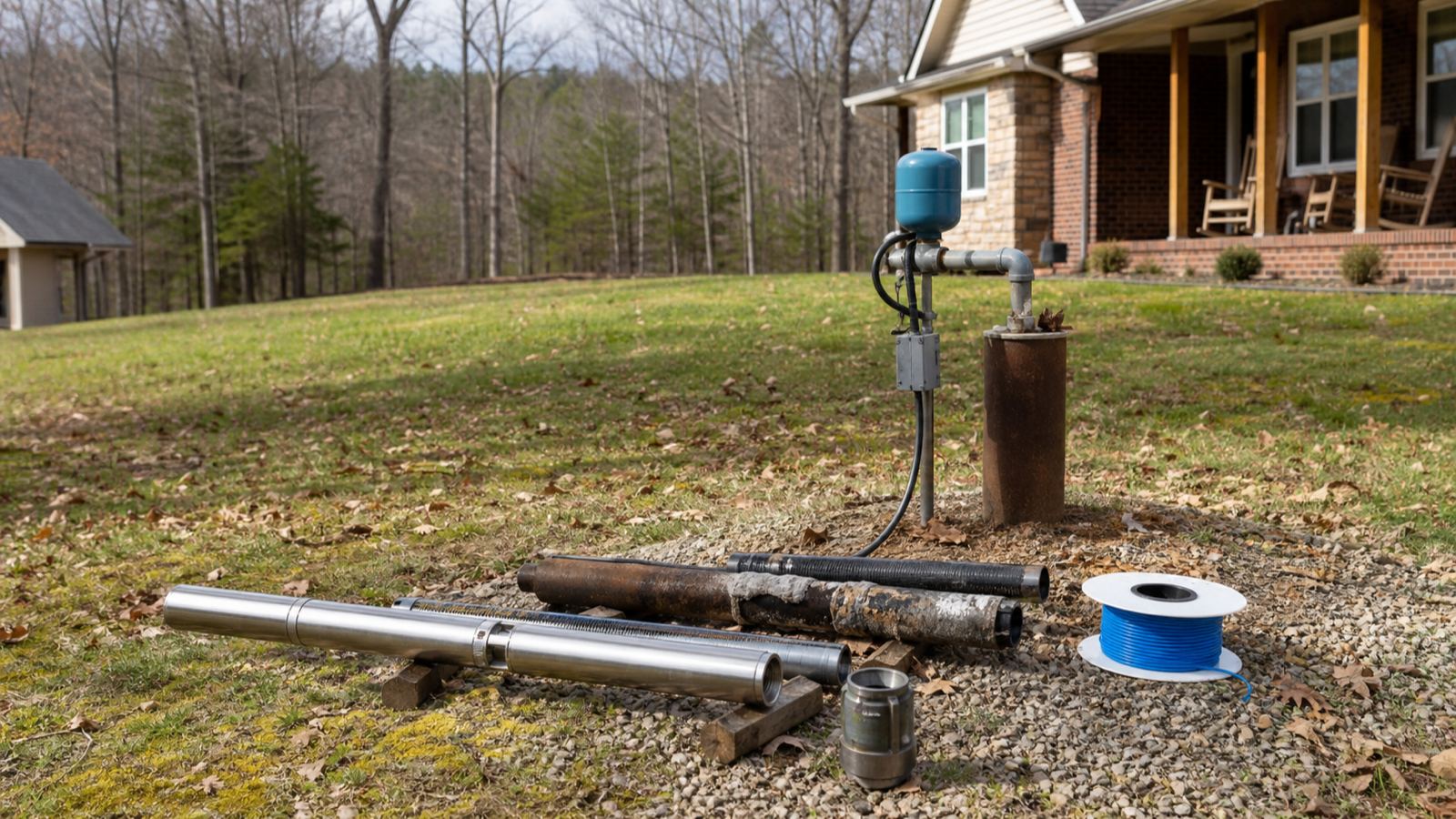 Technician preparing equipment to evaluate a residential well pump system on rural property