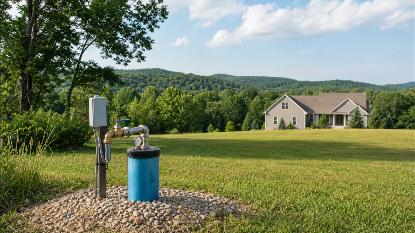 Well pump service equipment beside a private well on rural Tennessee property