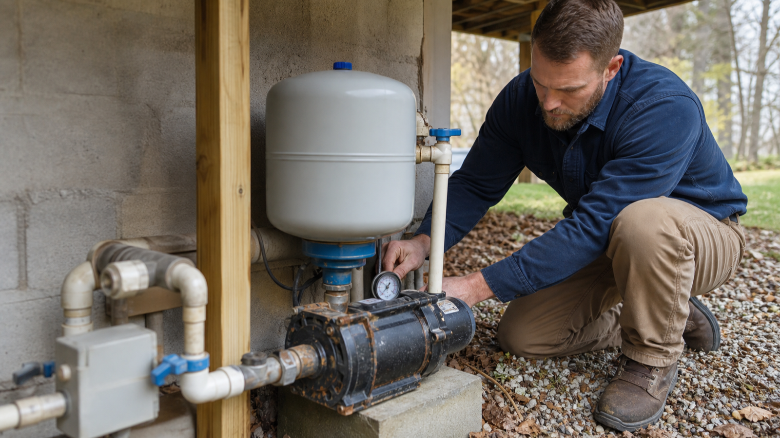 Private well head and service equipment being inspected after a residential no-water problem