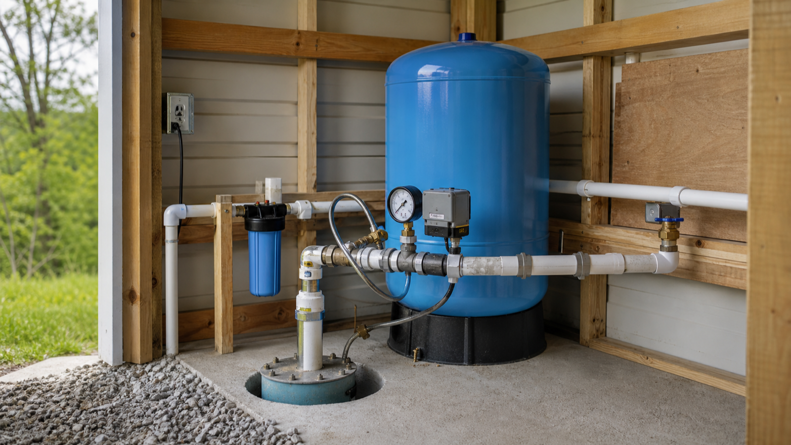 Organized private-well system components including a pressure tank, controls and connected piping